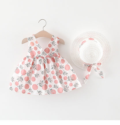 Baby Girl Polka Dot & Floral Print Sleeveless Dress with Sun Hat – Bow Back, Sizes 6 Months–4 Years