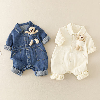Baby Denim Jumpsuit with Teddy Bear – High-Quality Cotton Romper for Infants