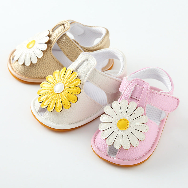 Oversized Daisy Appliqué Soft-Sole Baby Girl Sandals | Velcro Closure in White, Pink & Gold