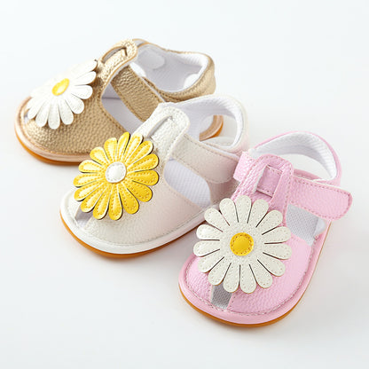 Oversized Daisy Appliqué Soft-Sole Baby Girl Sandals | Velcro Closure in White, Pink & Gold