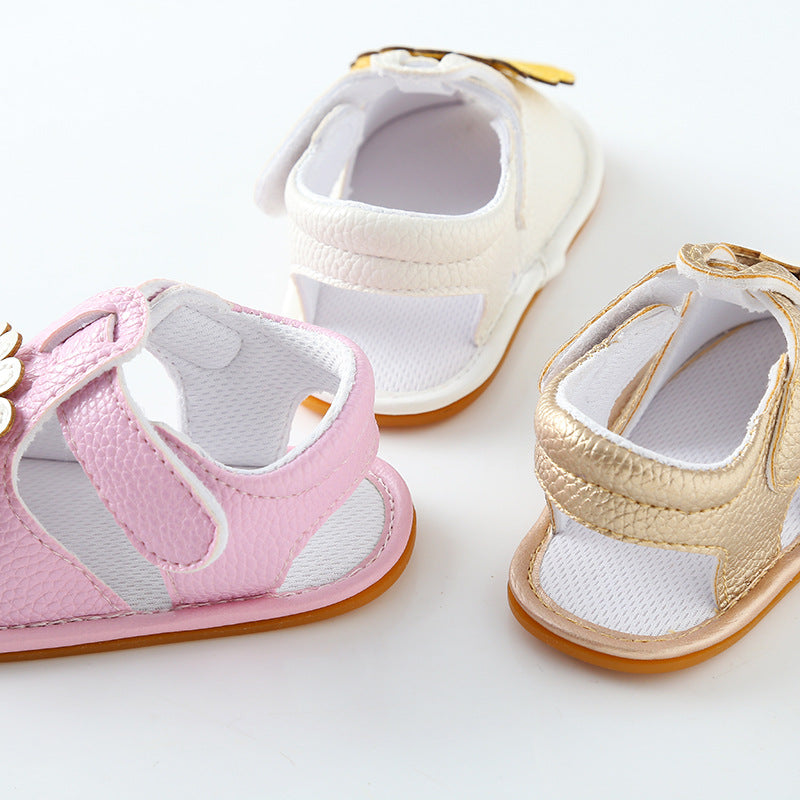 Oversized Daisy Appliqué Soft-Sole Baby Girl Sandals | Velcro Closure in White, Pink & Gold