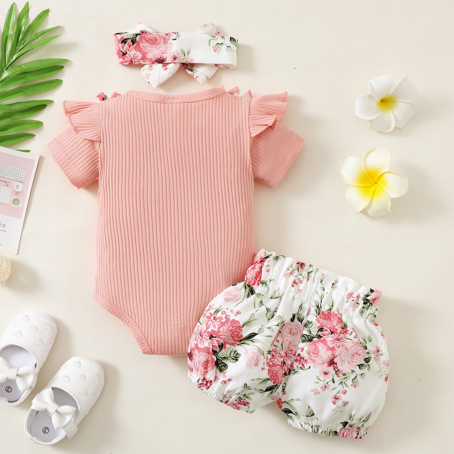 Baby Girl Flutter-Sleeve Romper & Printed Bloomer Shorts Set — Floral, Plaid & Heart Styles