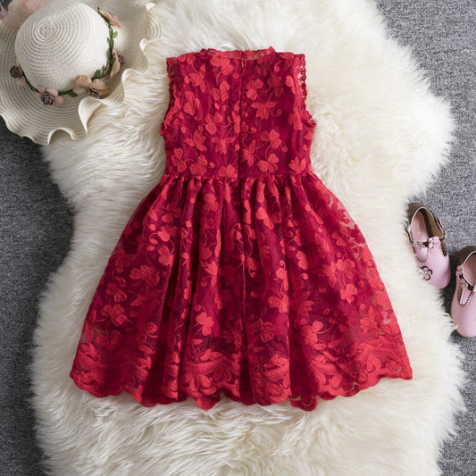 Girls' Sleeveless Lace Overlay Dress | Floral Scallop-Hem Party Dress in White or Red