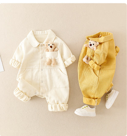 Baby Denim Jumpsuit with Teddy Bear – High-Quality Cotton Romper for Infants