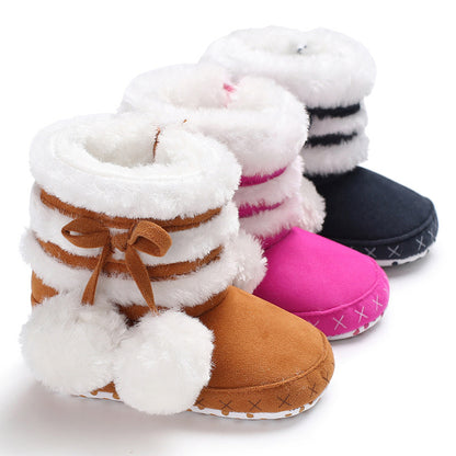 Pom Pom Faux Fur Baby Winter Booties with Anti-Slip Sole
