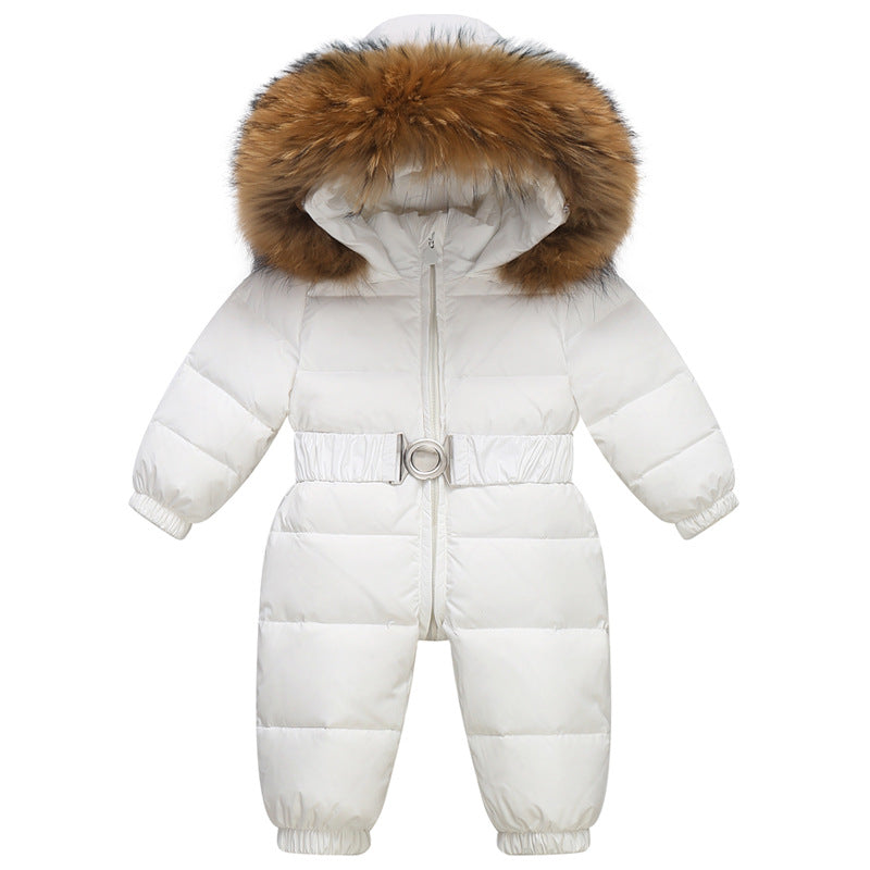 Girls’ Hooded Faux-Fur Snowsuit – Puffer-Style One-Piece Winter Jumpsuit with Belt