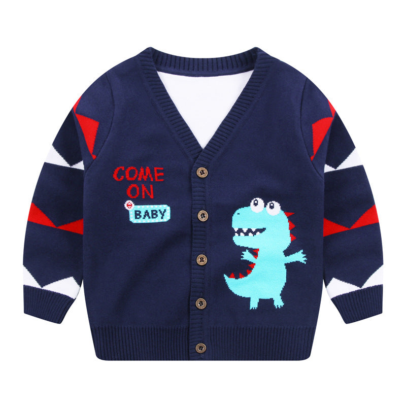 Boys Dinosaur Knit Cardigan Sweater (1–6 Years) – Button-Front V-Neck Cotton Blend
