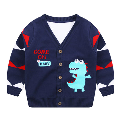Boys Dinosaur Knit Cardigan Sweater (1–6 Years) – Button-Front V-Neck Cotton Blend