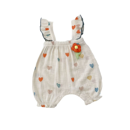 Rainbow Heart Print Muslin Flutter Romper – Baby Girl Sleeveless Summer Bubble Suit
