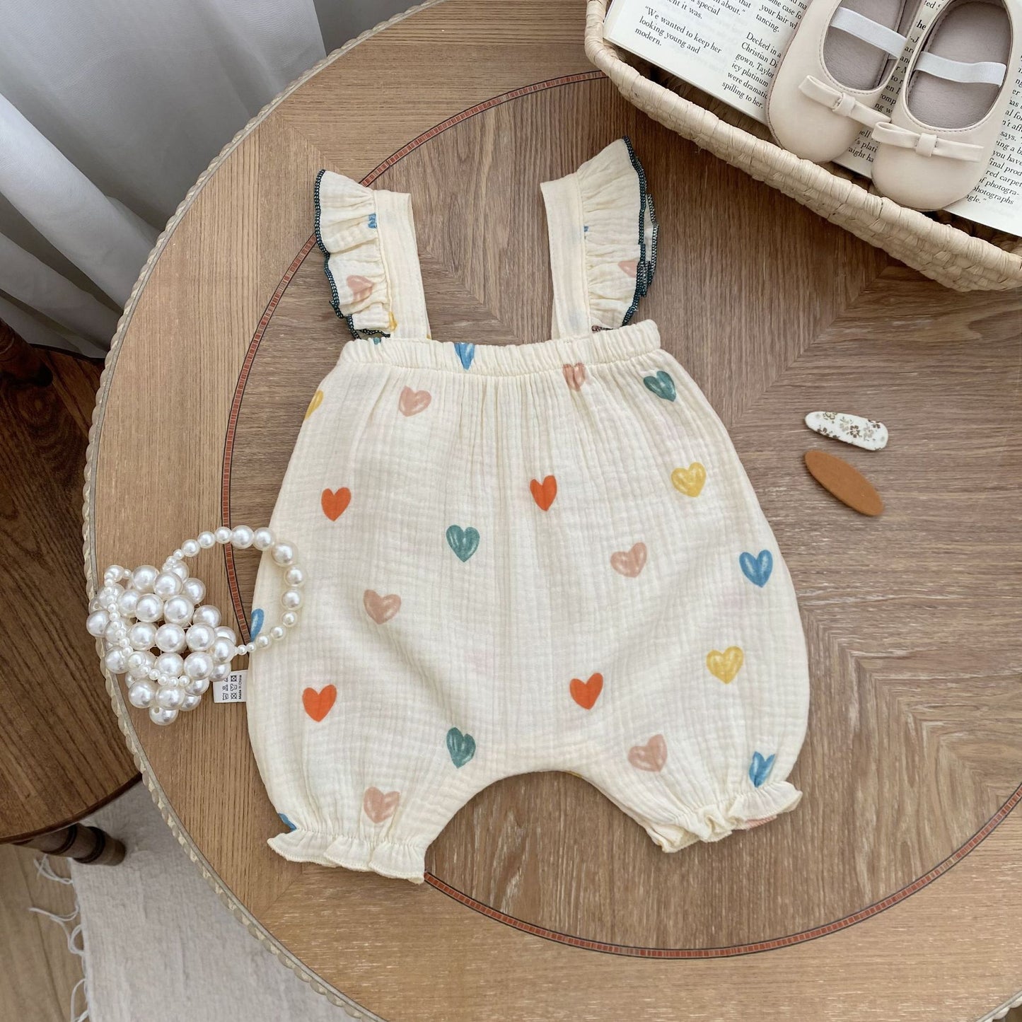 Rainbow Heart Print Muslin Flutter Romper – Baby Girl Sleeveless Summer Bubble Suit