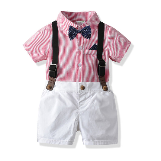 Boys' Short-Sleeve Shirt & Suspender Shorts Set | Summer Bow Tie Gentleman Outfit in Multiple Colors