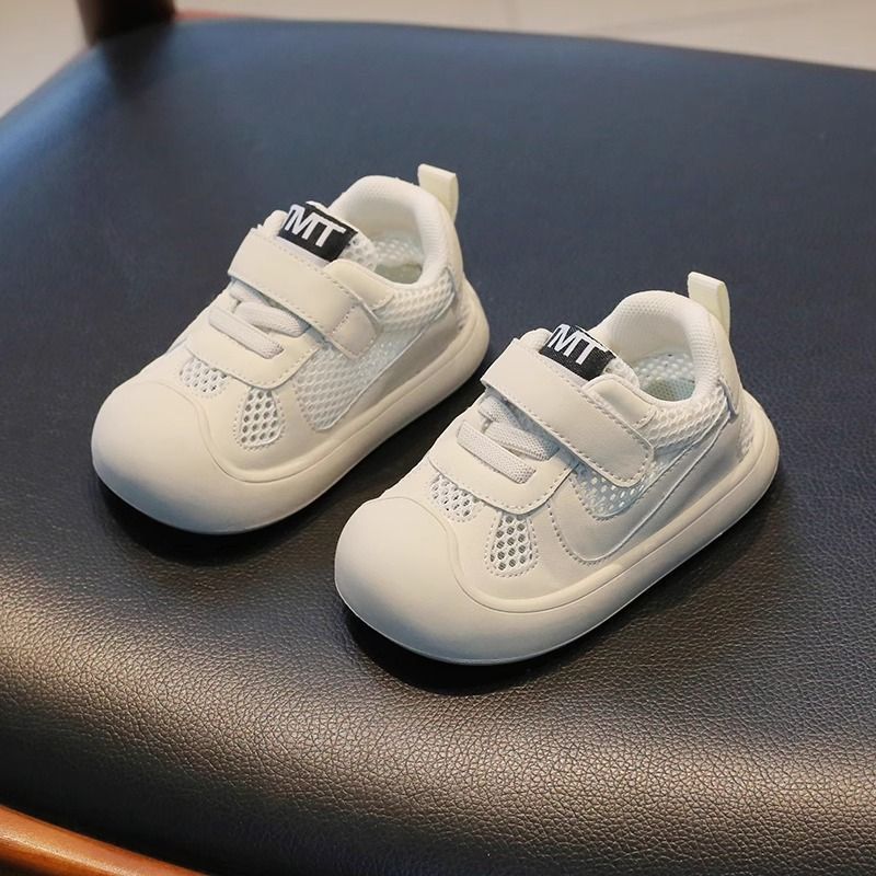 Clean-Panel Mesh Baby Sneakers with Letter Strap Tab | Breathable Velcro Shoes in White & Black