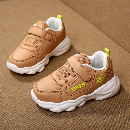 Chunky-Sole PU Leather Kids Sneakers with Velcro Strap | Casual Athletic Shoes in Caramel, Pink & Blue