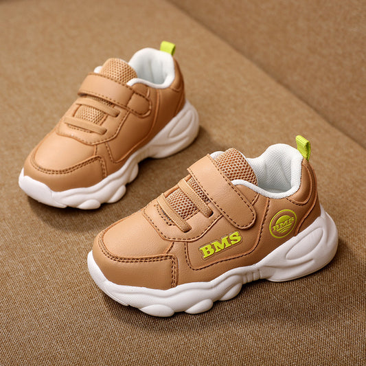 Chunky-Sole PU Leather Kids Sneakers with Velcro Strap | Casual Athletic Shoes in Caramel, Pink & Blue