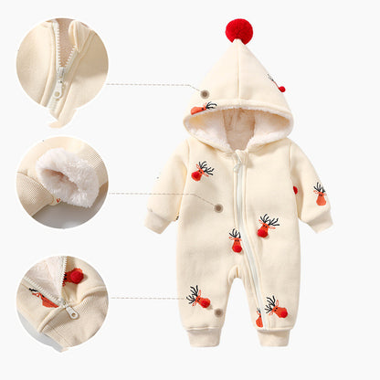 Cozy Reindeer Hooded Baby Snowsuit – Plush Zip-Up Winter One-Piece for Babies