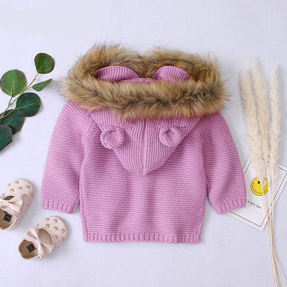 Bear-Ear Hooded Knit Cardigan Coat