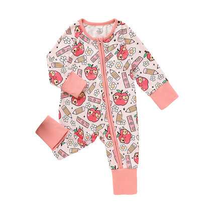 Infant Back-to-School Romper – Apple & Pencil Print Long Sleeve Jumpsuit