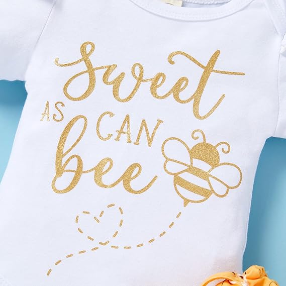 Infant Baby Girl “Sweet Bee” 3-Piece Outfit Set – Letter Print Romper, Bee Pants & Bow Headband