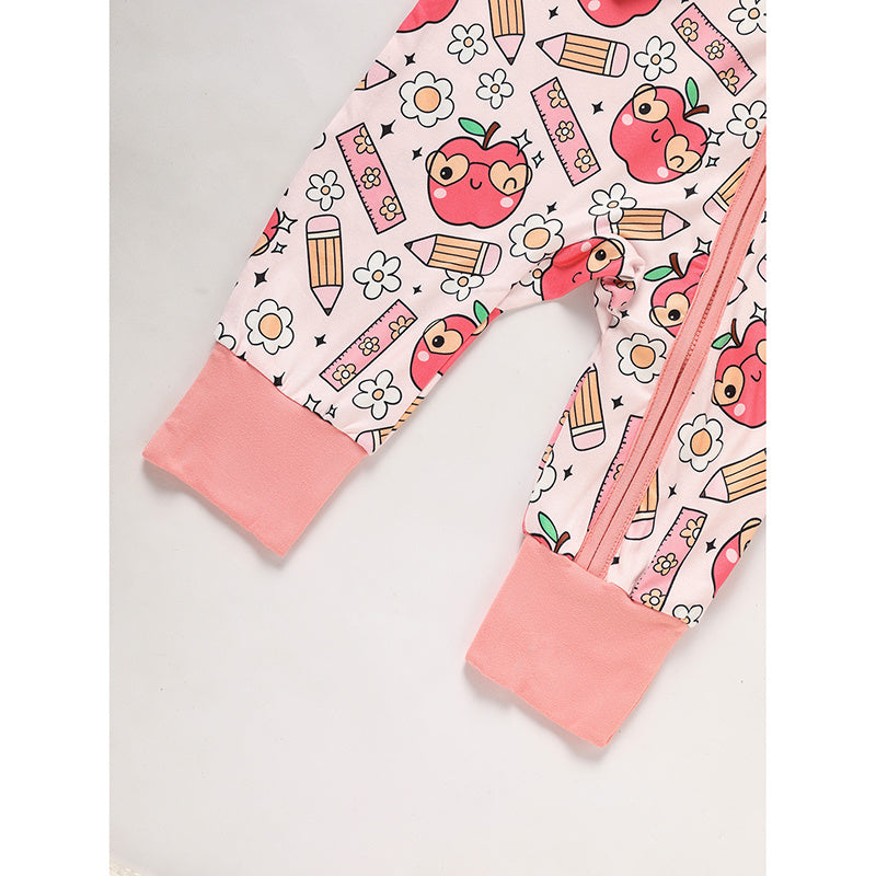 Adorable Infant Romper For Back To School Apple And Pencil Print Long Sleeve Jumpsuit Outfit
