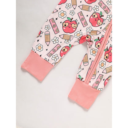 Infant Back-to-School Romper – Apple & Pencil Print Long Sleeve Jumpsuit