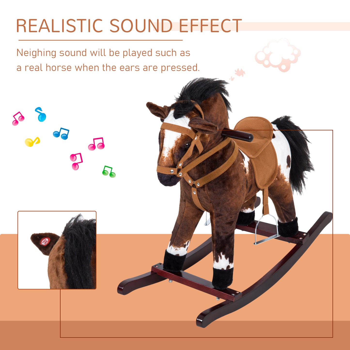 Rocking Horse Plush Ride-On Toy with Nursery Rhyme Music – 18-36 Months, Light Brown/White