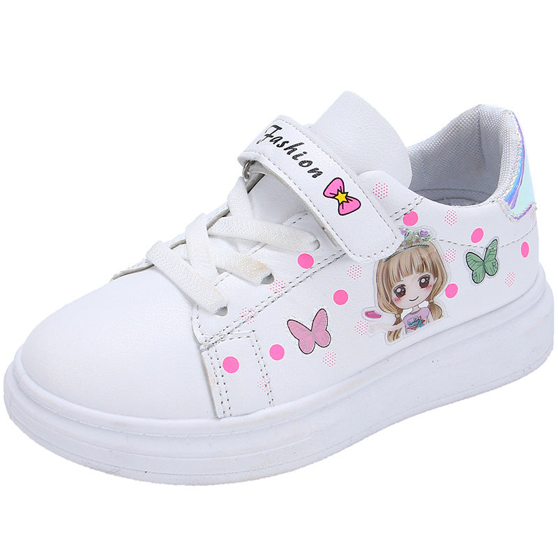 Girls White Cartoon Sneakers – Breathable Casual Shoes with Non-Slip Rubber Sole