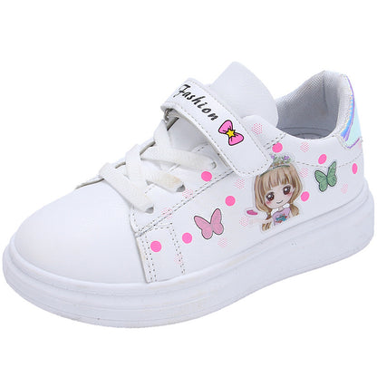 Girls White Cartoon Sneakers – Breathable Casual Shoes with Non-Slip Rubber Sole