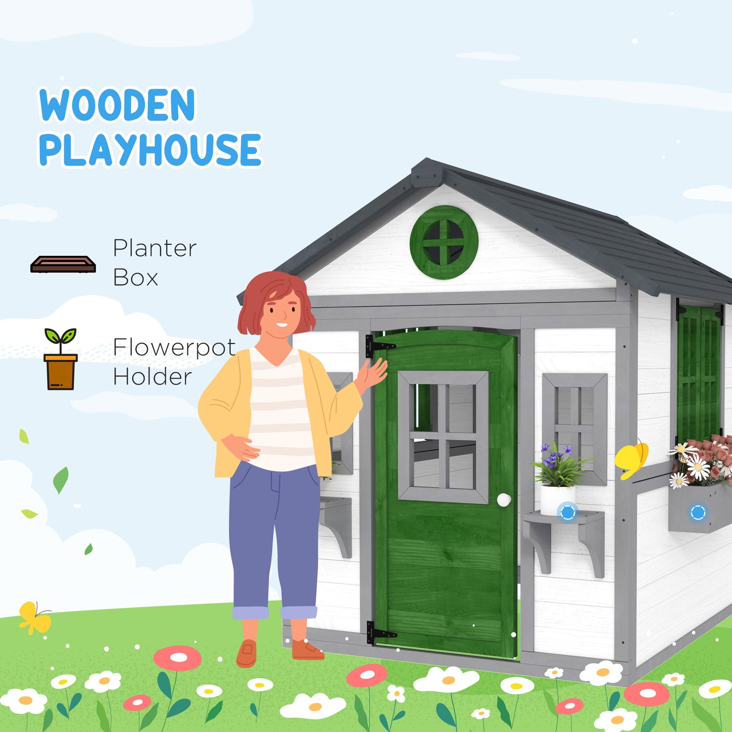 Wooden Outdoor Playhouse for Kids – Doors, Windows & Planter Boxes, Ages 3-8, White
