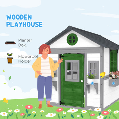 Wooden Outdoor Playhouse for Kids – Doors, Windows & Planter Boxes, Ages 3-8, White