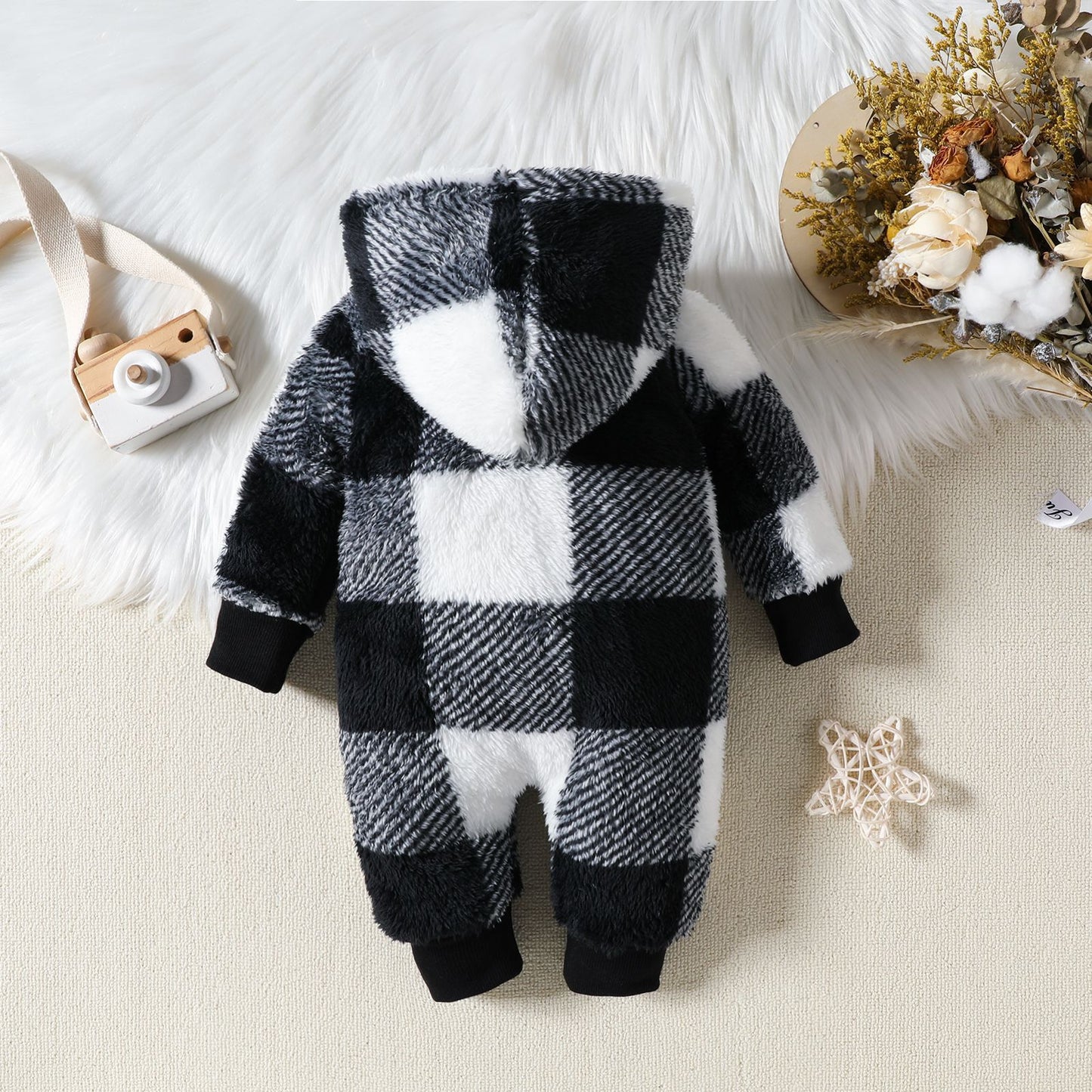 Baby Hooded Plush Plaid Jumpsuit (Thick & Cozy) – Black or Khaki