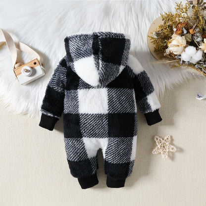 Baby Hooded Plush Plaid Jumpsuit (Thick & Cozy) – Black or Khaki