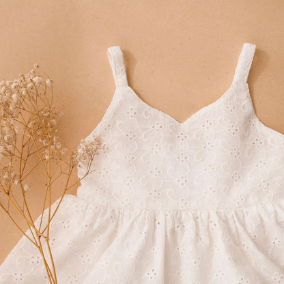 Ditsy Floral & Eyelet Dress-Romper for Baby Girls – Spaghetti Strap Summer Bubble Dress