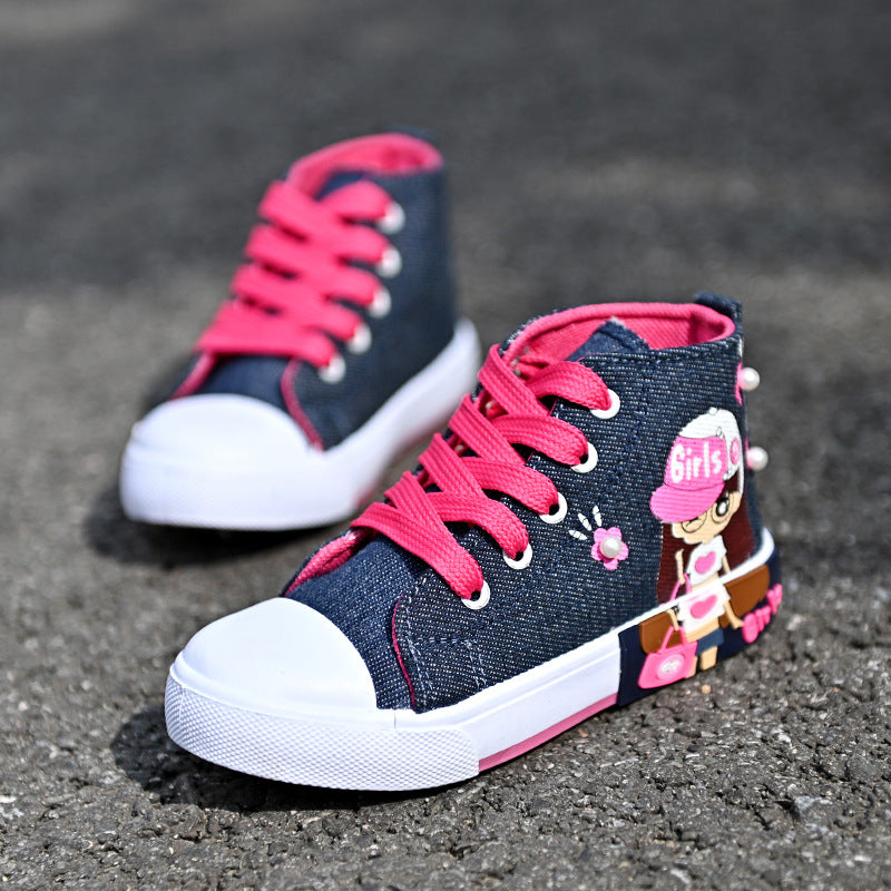 Girls’ High-Top Canvas Sneakers – Cute Cartoon Design, Comfy & Durable