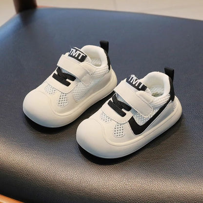 Clean-Panel Mesh Baby Sneakers with Letter Strap Tab | Breathable Velcro Shoes in White & Black