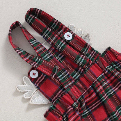 Baby Girl Christmas Ruffle Romper & Plaid Suspender Skirt Set with Headband