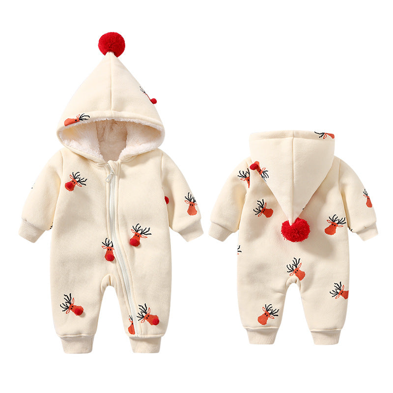 Cozy Reindeer Hooded Baby Snowsuit – Plush Zip-Up Winter One-Piece for Babies