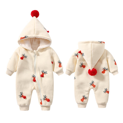 Cozy Reindeer Hooded Baby Snowsuit – Plush Zip-Up Winter One-Piece for Babies