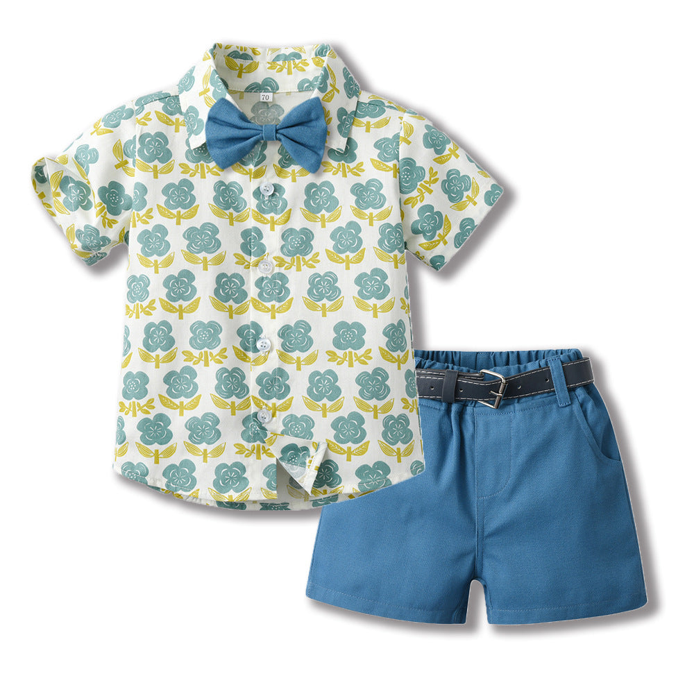 Toddler & Little Boys' Floral Button-Down Shirt & Shorts Set with Bow Tie and Belt – Sizes 3 Months–6 Years