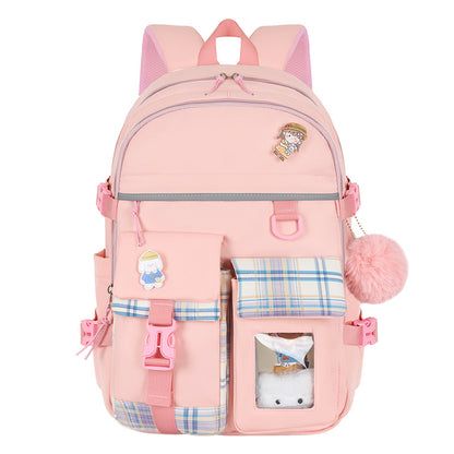 Cute Lightweight Kids School Backpack with Pockets + Pom-Pom Charm (Nylon)