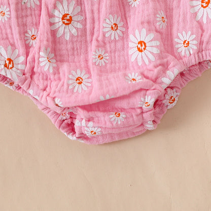 Baby Girl Daisy Print Muslin Two-Piece Set – Peter Pan Collar Top & Bloomer Shorts (6 Months–3 Years)