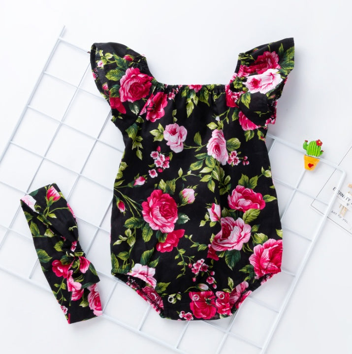 Floral Flutter Sleeve Baby Romper with Headband