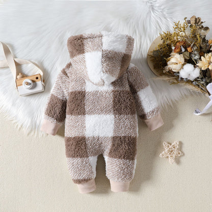 Baby Hooded Plush Plaid Jumpsuit (Thick & Cozy) – Black or Khaki