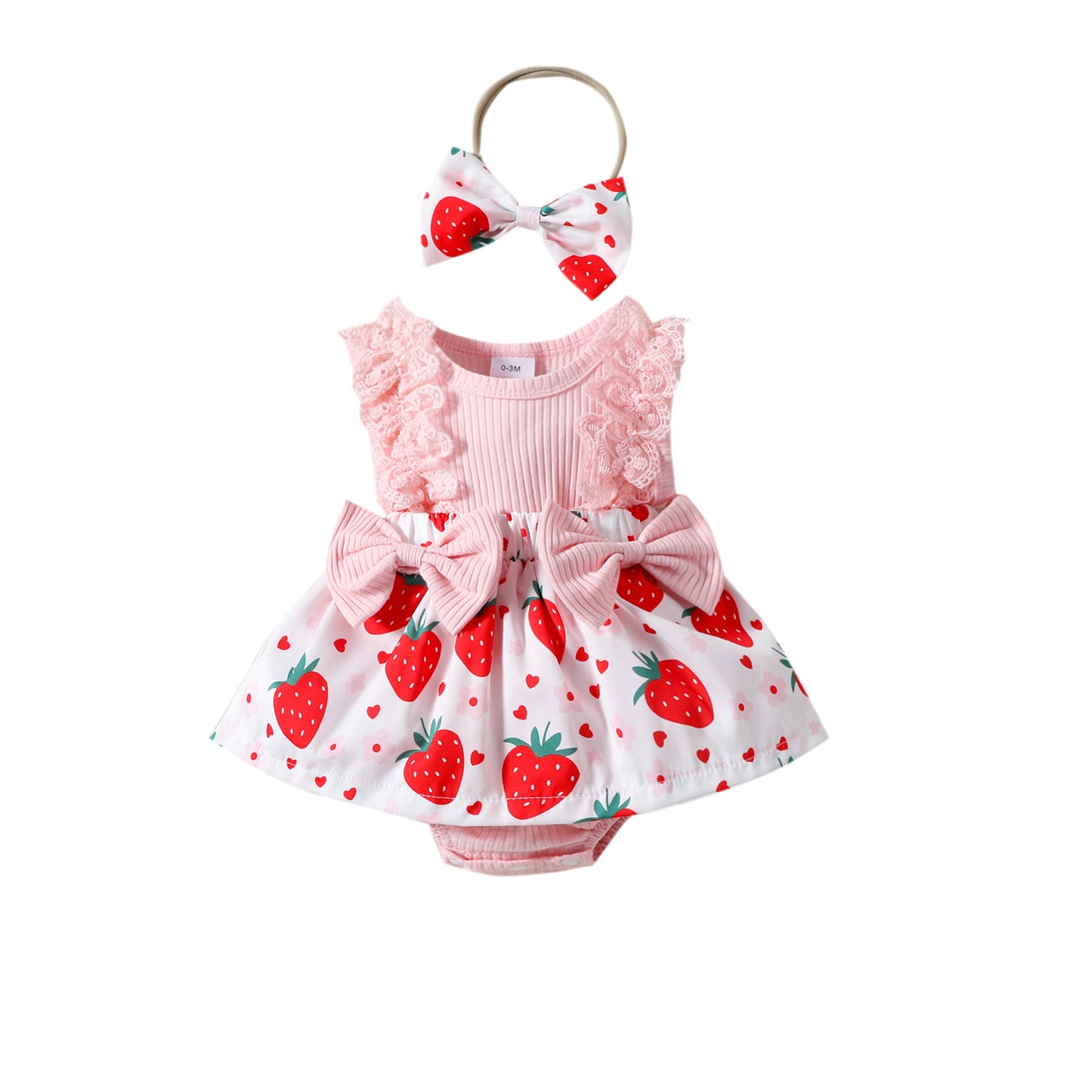 Baby Girl Strawberry Print Lace-Sleeve Romper Dress with Bow & Headband