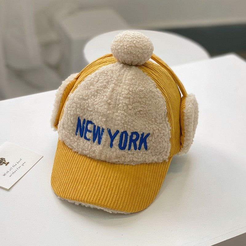 Kids Corduroy + Sherpa “New York” Earflap Baseball Cap