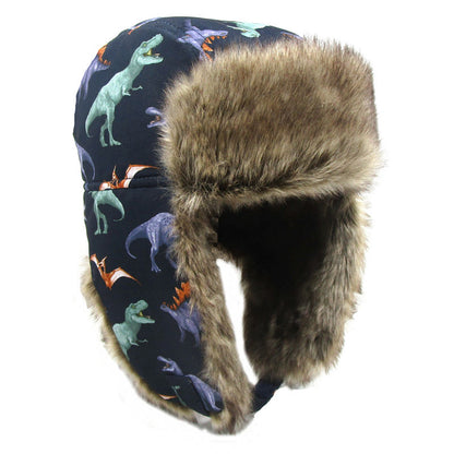 Kids Dinosaur Trapper Hat – Faux Fur Earflap Winter Hat (Windproof & Warm)
