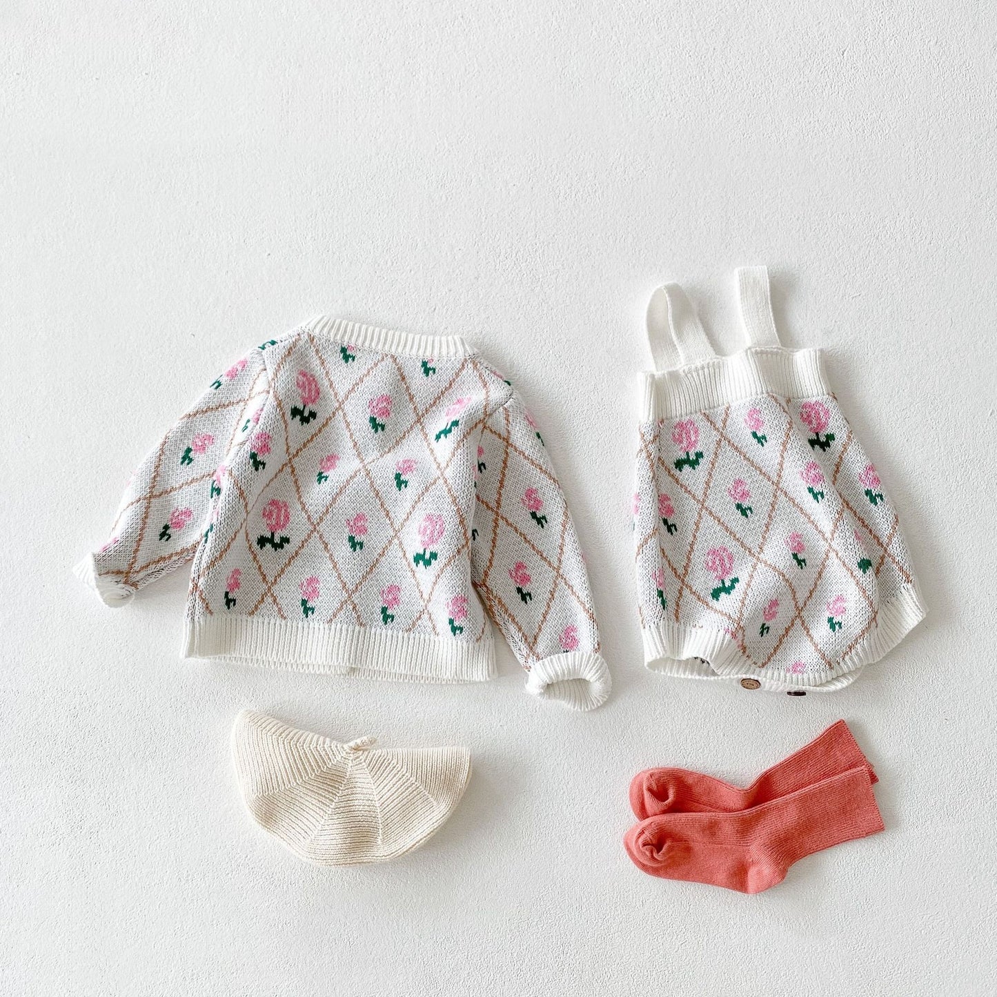 Baby Girl's Rose Diamond Knit Cardigan & Romper Set | Floral Lattice 2-Piece Knit Set