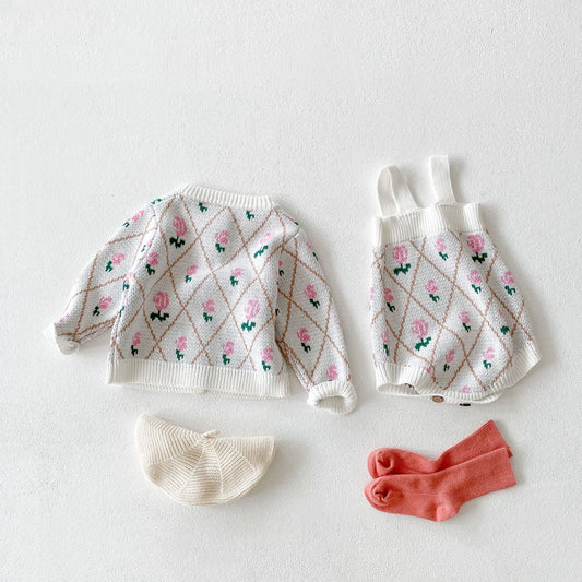 Baby Girl's Rose Diamond Knit Cardigan & Romper Set | Floral Lattice 2-Piece Knit Set