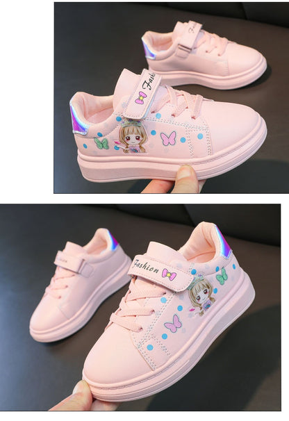 Girls White Cartoon Sneakers – Breathable Casual Shoes with Non-Slip Rubber Sole