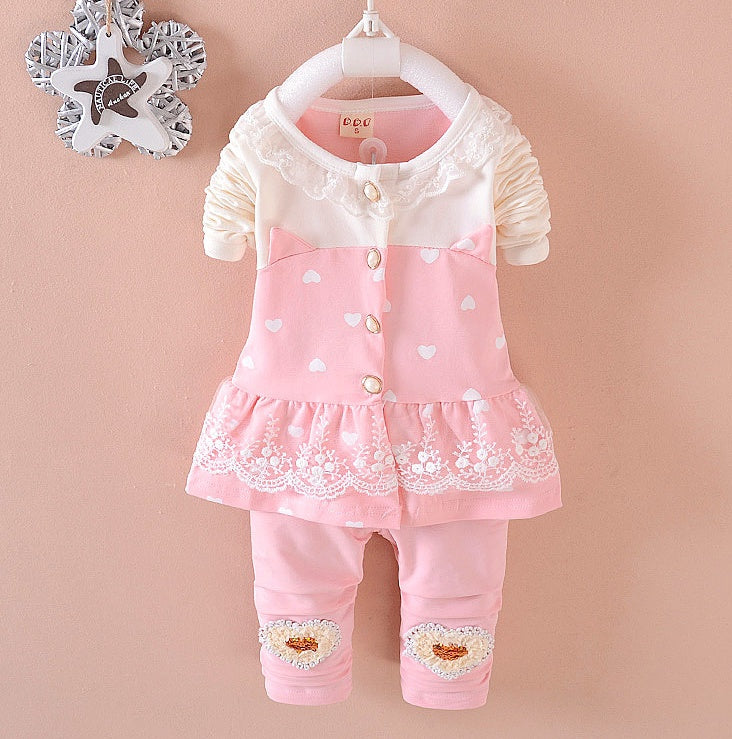 Sweet Lace Baby Girl Outfit Set – Cotton Top & Pants 2-Piece Set for Toddlers