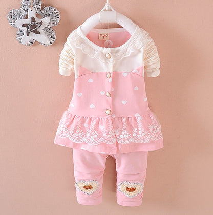 Sweet Lace Baby Girl Outfit Set – Cotton Top & Pants 2-Piece Set for Toddlers